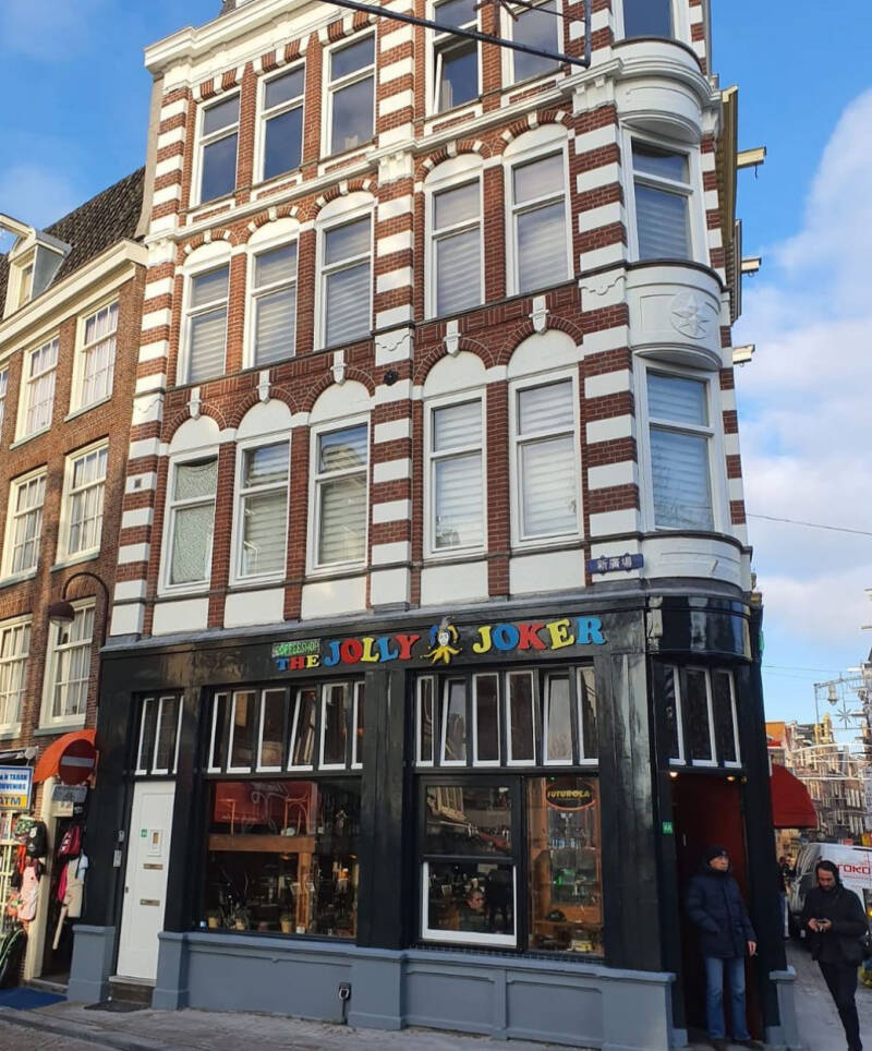 The historic Jolly Joker coffeeshop corner building on Nieuwmarkt in Amsterdam