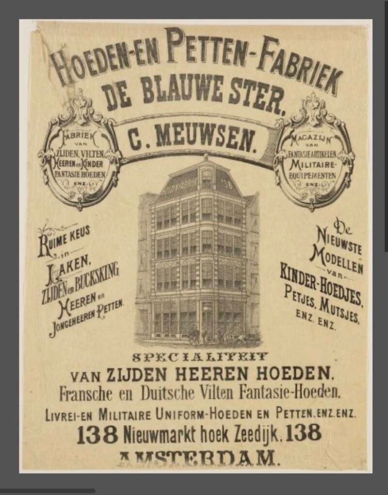 Historic advertisement for the De Blauwe Ster hat and cap factory